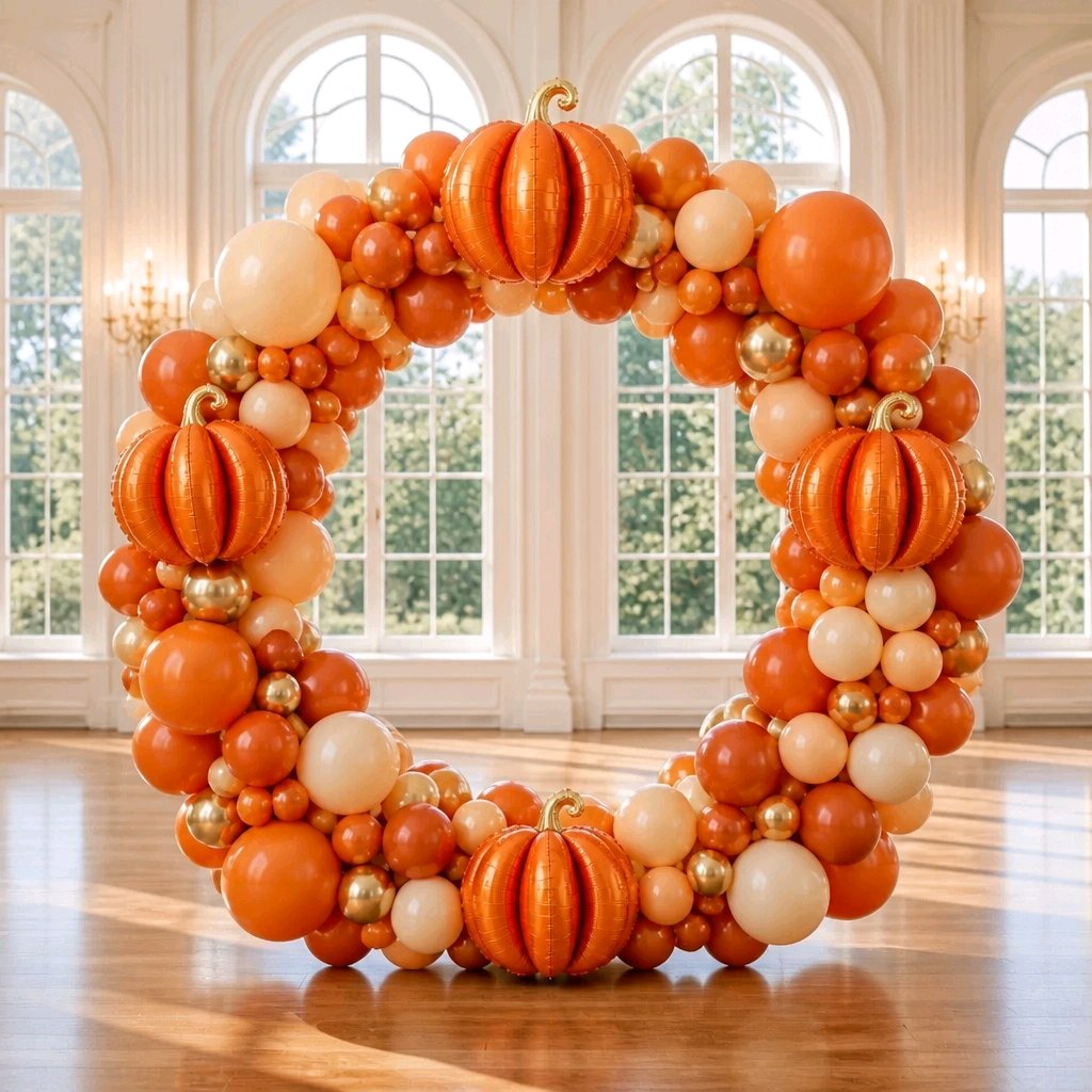 Arco circular de globos naranjas, crema y calabazas para una fiesta temática