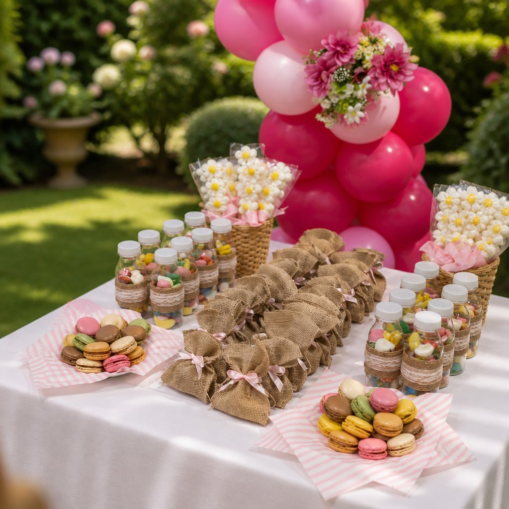 Mesa dulce de jardín con detalles rosas